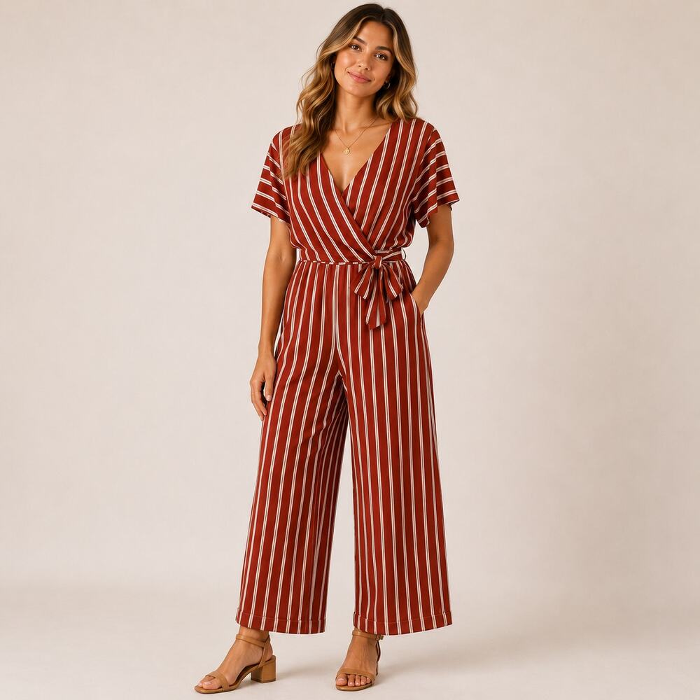 Lily Black Jumpsuit Brunt Orange Faux Wrap Wide Leg Pockets Sz 12 Boho Retro